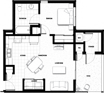 Floor plan for 1 bed, 1 bath, 561 sqft